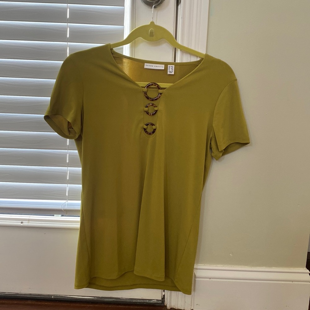 Susan Graver XXS green liquid knit short sleeve top with neckline embellishment.